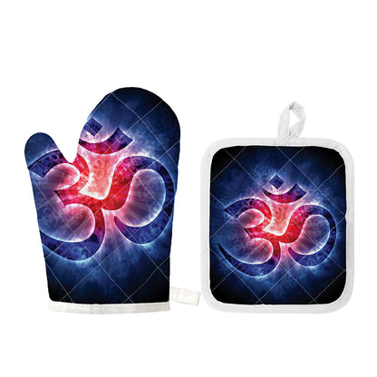 Om Sign Print Oven Mitt And Pot Holder Set