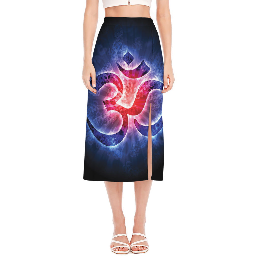 Om Sign Print Side Slit Midi Skirt