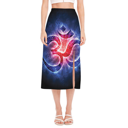 Om Sign Print Side Slit Midi Skirt