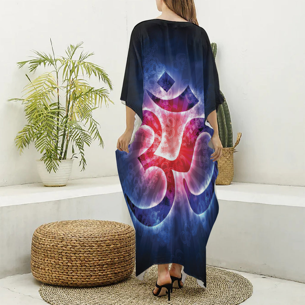 Om Sign Print Silk V-Neck Kaftan Dress