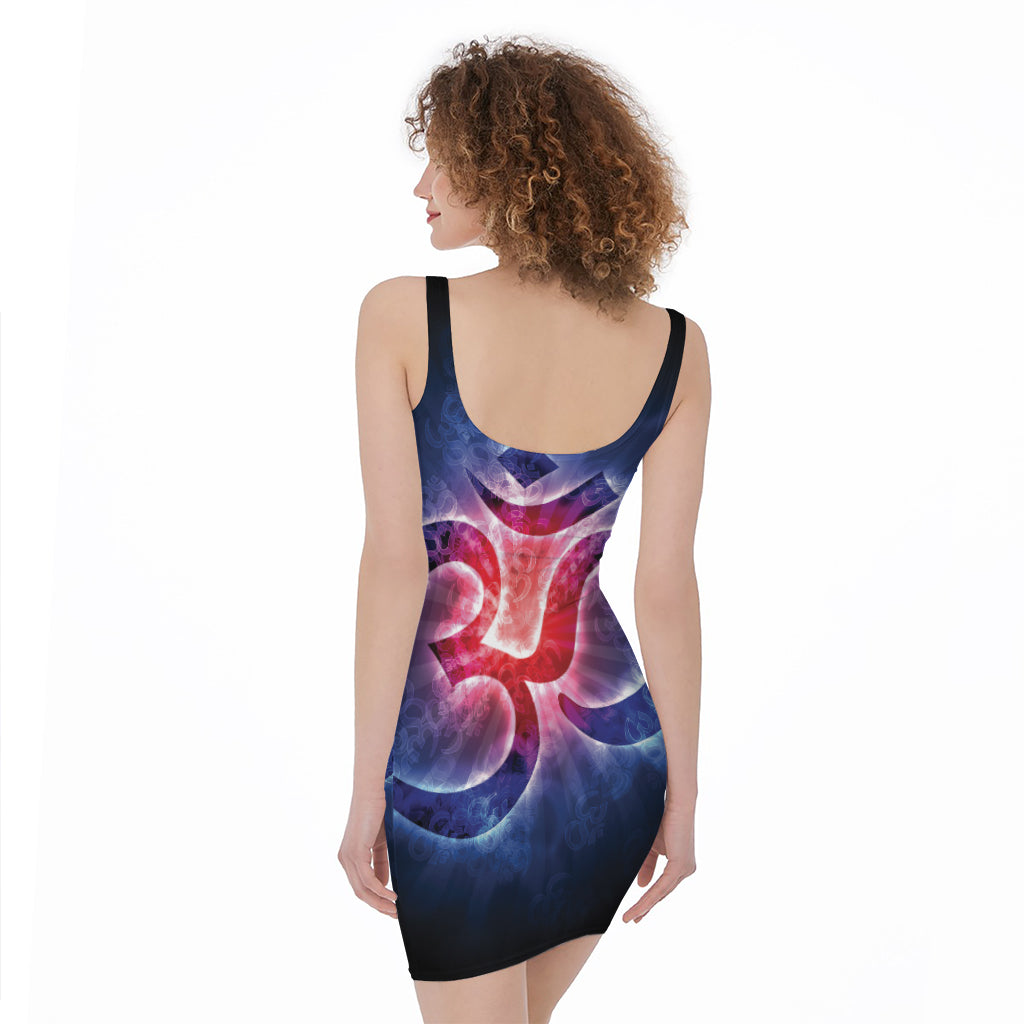 Om Sign Print Sleeveless Bodycon Dress