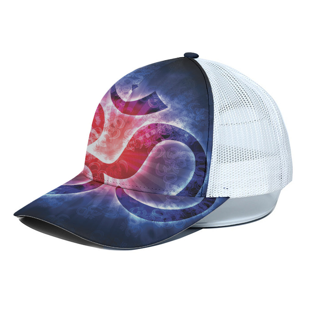 Om Sign Print White Mesh Trucker Cap