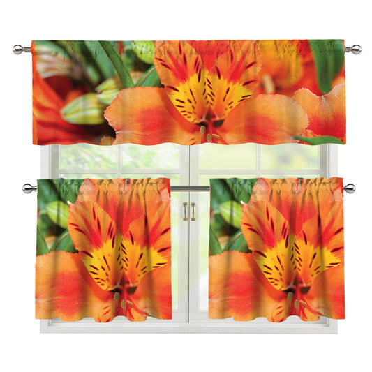 Orange Alstroemeria Print 3 Piece Kitchen Curtains