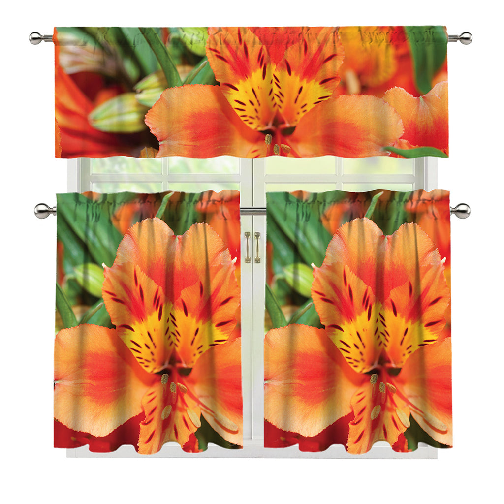 Orange Alstroemeria Print 3 Piece Kitchen Curtains