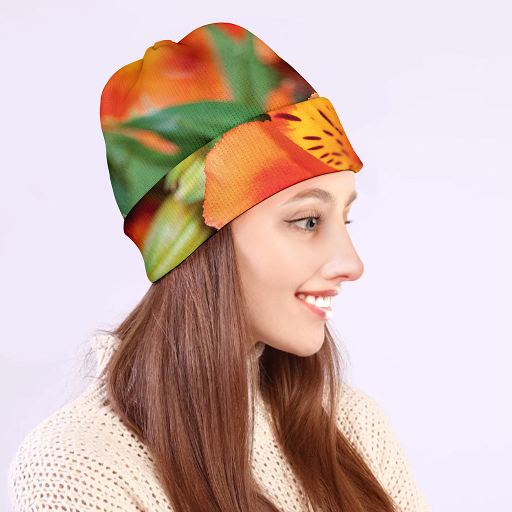 Orange Alstroemeria Print Beanie