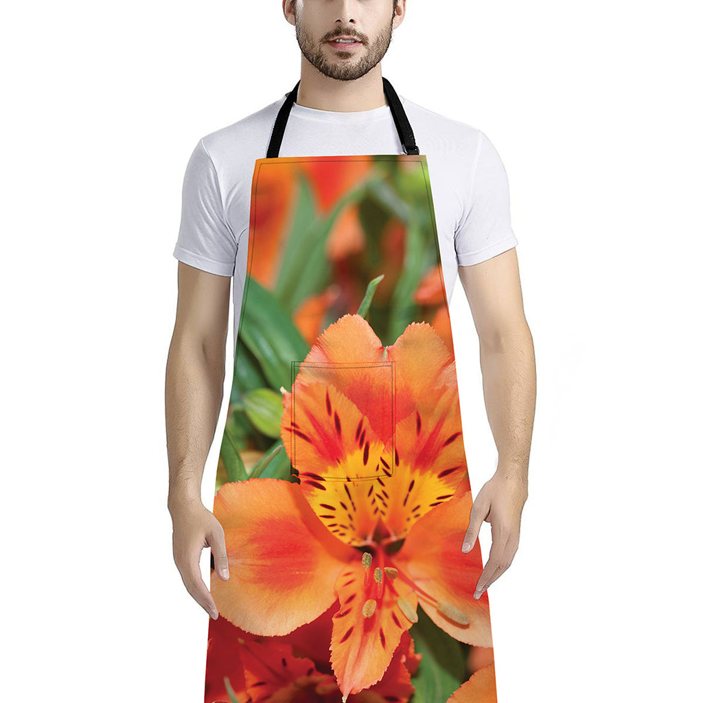 Orange Alstroemeria Print Bib Apron With Pocket