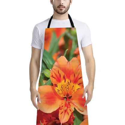Orange Alstroemeria Print Bib Apron With Pocket