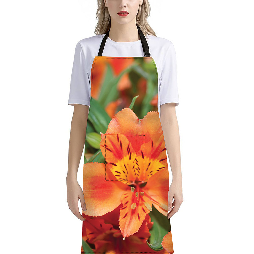 Orange Alstroemeria Print Bib Apron With Pocket