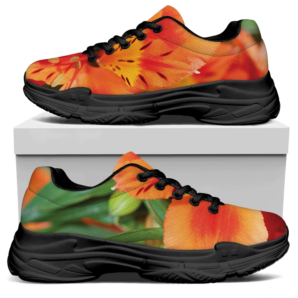 Orange Alstroemeria Print Black Chunky Shoes