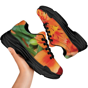 Orange Alstroemeria Print Black Chunky Shoes