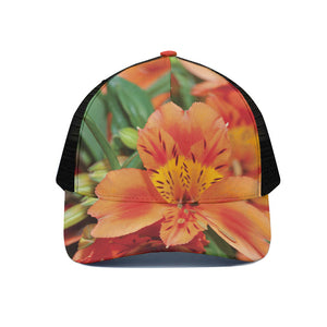 Orange Alstroemeria Print Black Mesh Trucker Cap