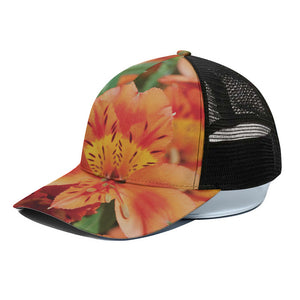 Orange Alstroemeria Print Black Mesh Trucker Cap