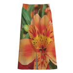 Orange Alstroemeria Print Cotton Front Slit Maxi Skirt