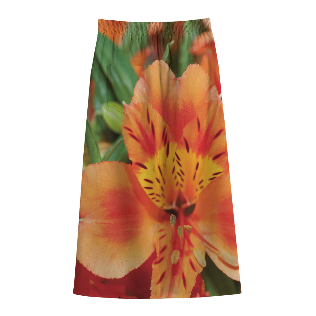 Orange Alstroemeria Print Cotton Front Slit Maxi Skirt