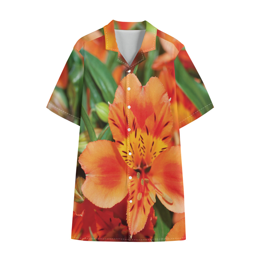 Orange Alstroemeria Print Cotton Hawaiian Shirt