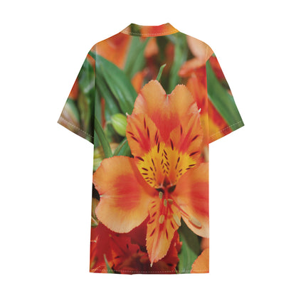 Orange Alstroemeria Print Cotton Hawaiian Shirt