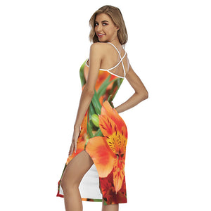 Orange Alstroemeria Print Cross Back Cami Dress