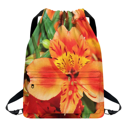 Orange Alstroemeria Print Drawstring Backpack