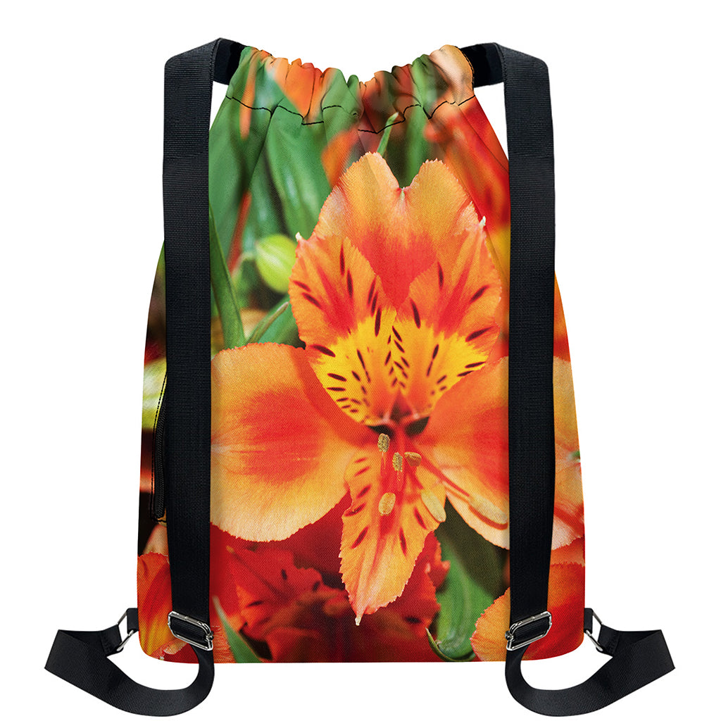 Orange Alstroemeria Print Drawstring Backpack