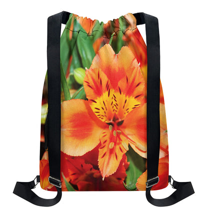 Orange Alstroemeria Print Drawstring Backpack