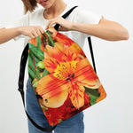 Orange Alstroemeria Print Drawstring Backpack