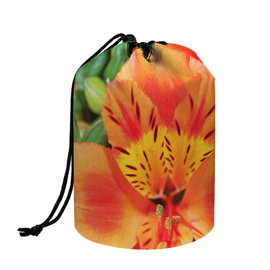 Orange Alstroemeria Print Drawstring Makeup Bag