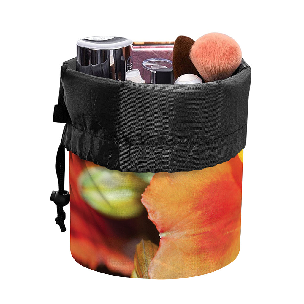Orange Alstroemeria Print Drawstring Makeup Bag