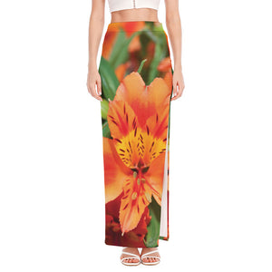 Orange Alstroemeria Print High Slit Maxi Skirt