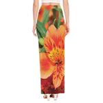 Orange Alstroemeria Print High Slit Maxi Skirt