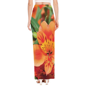 Orange Alstroemeria Print High Slit Maxi Skirt