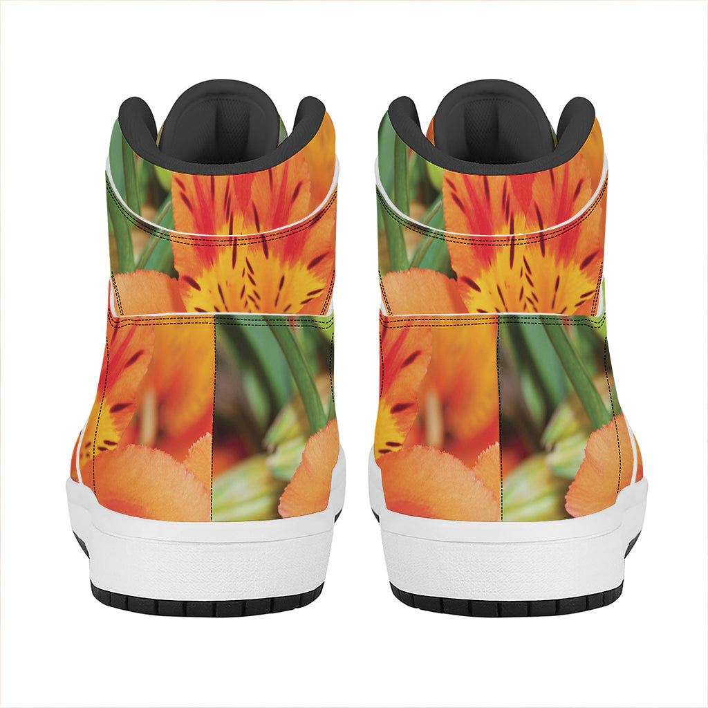 Orange Alstroemeria Print High Top Leather Sneakers