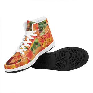 Orange Alstroemeria Print High Top Leather Sneakers