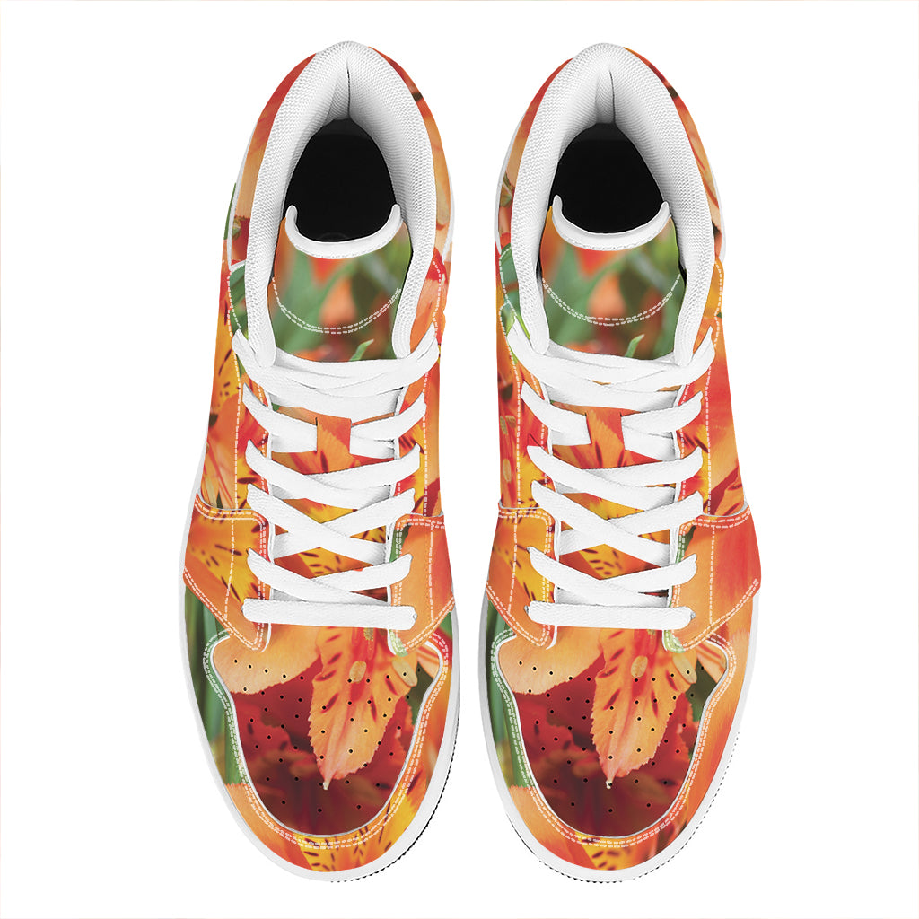 Orange Alstroemeria Print High Top Leather Sneakers