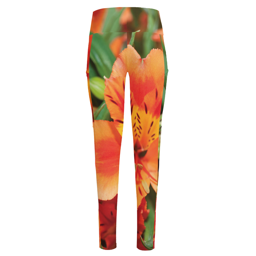 Orange Alstroemeria Print High-Waisted Pocket Leggings