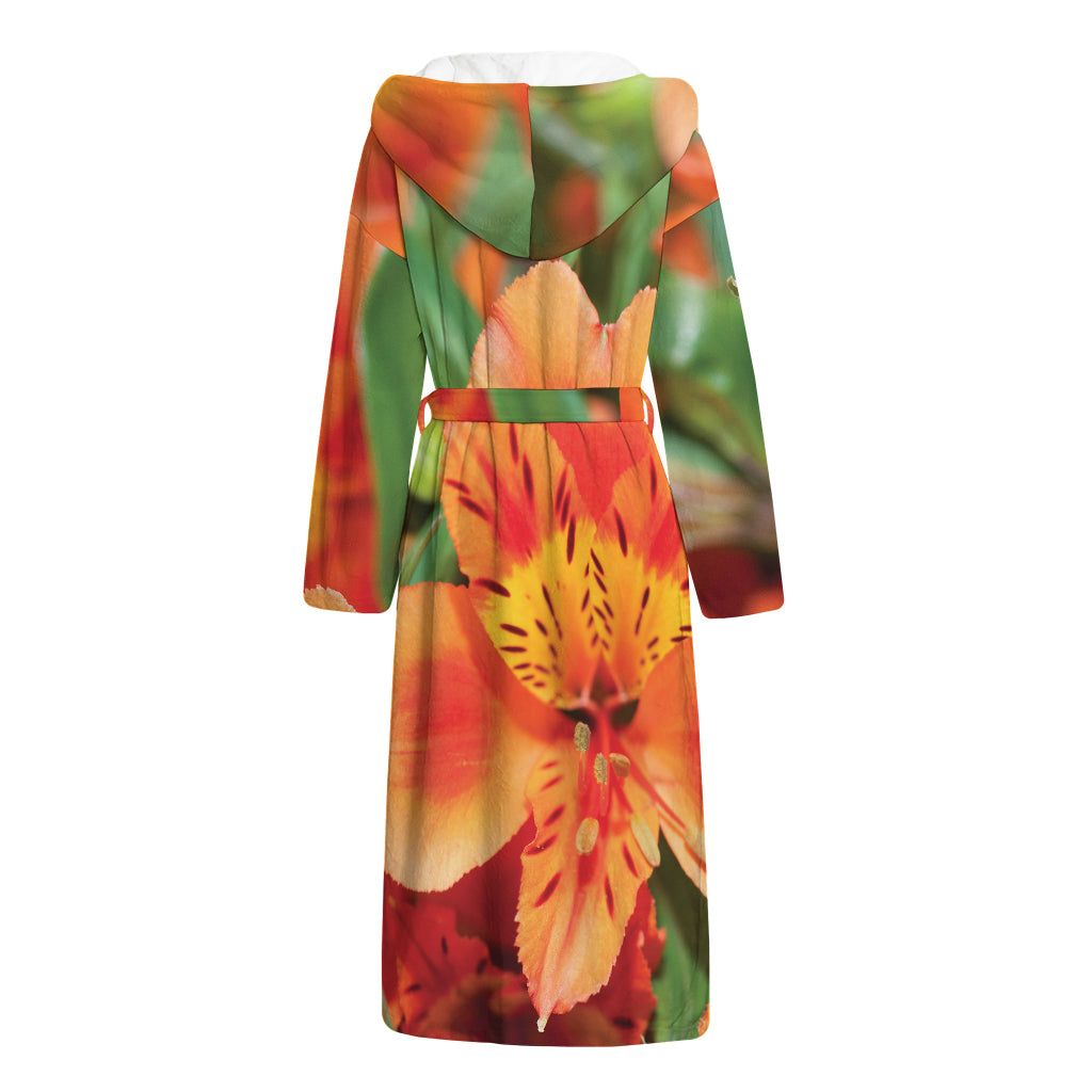 Orange Alstroemeria Print Hooded Bathrobe