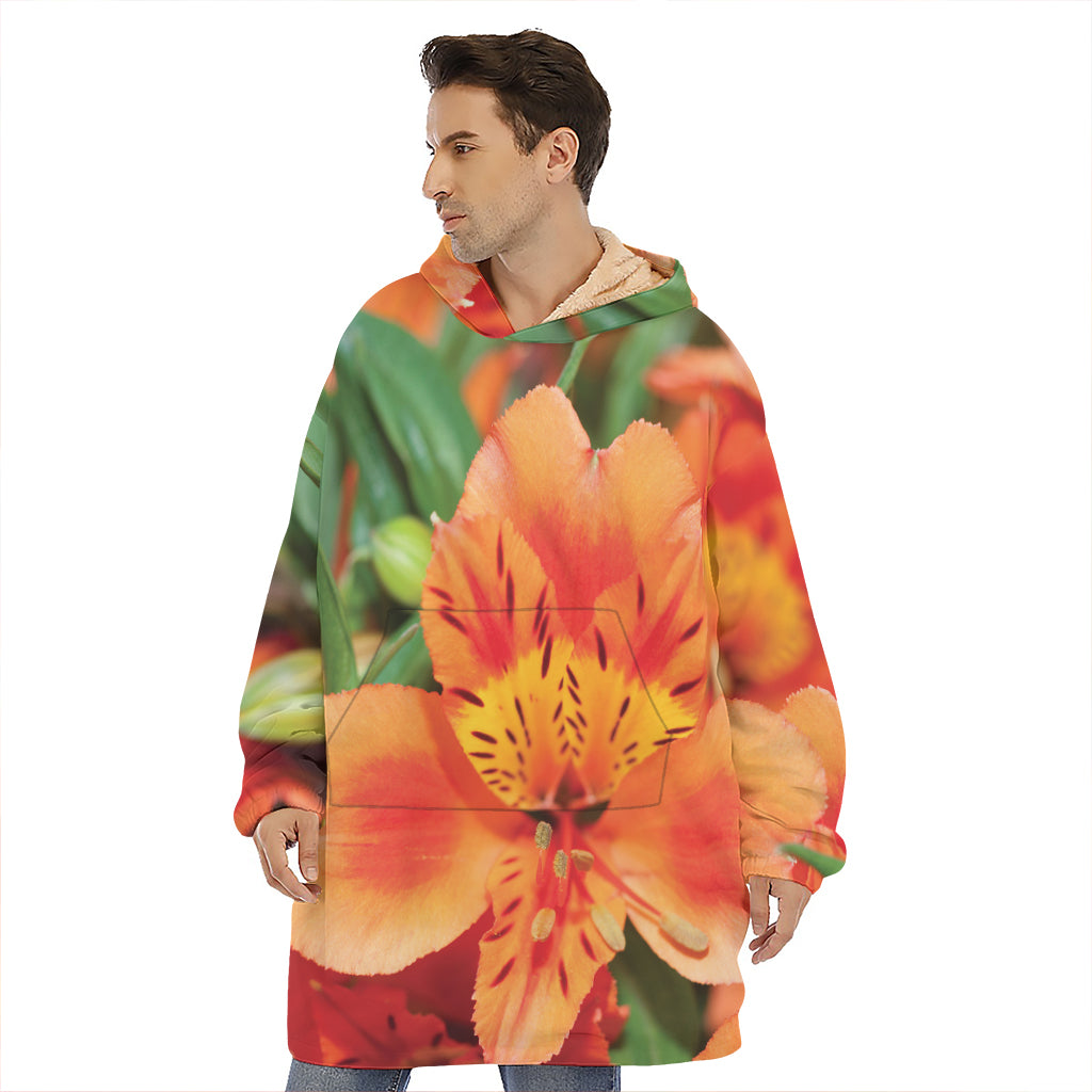 Orange Alstroemeria Print Hoodie Blanket