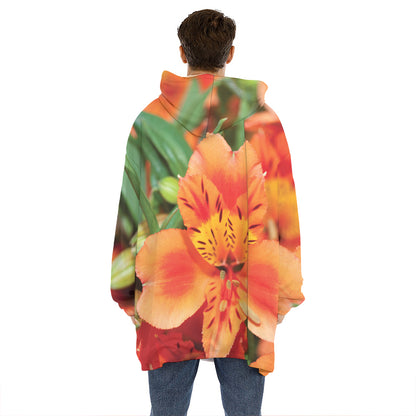 Orange Alstroemeria Print Hoodie Blanket