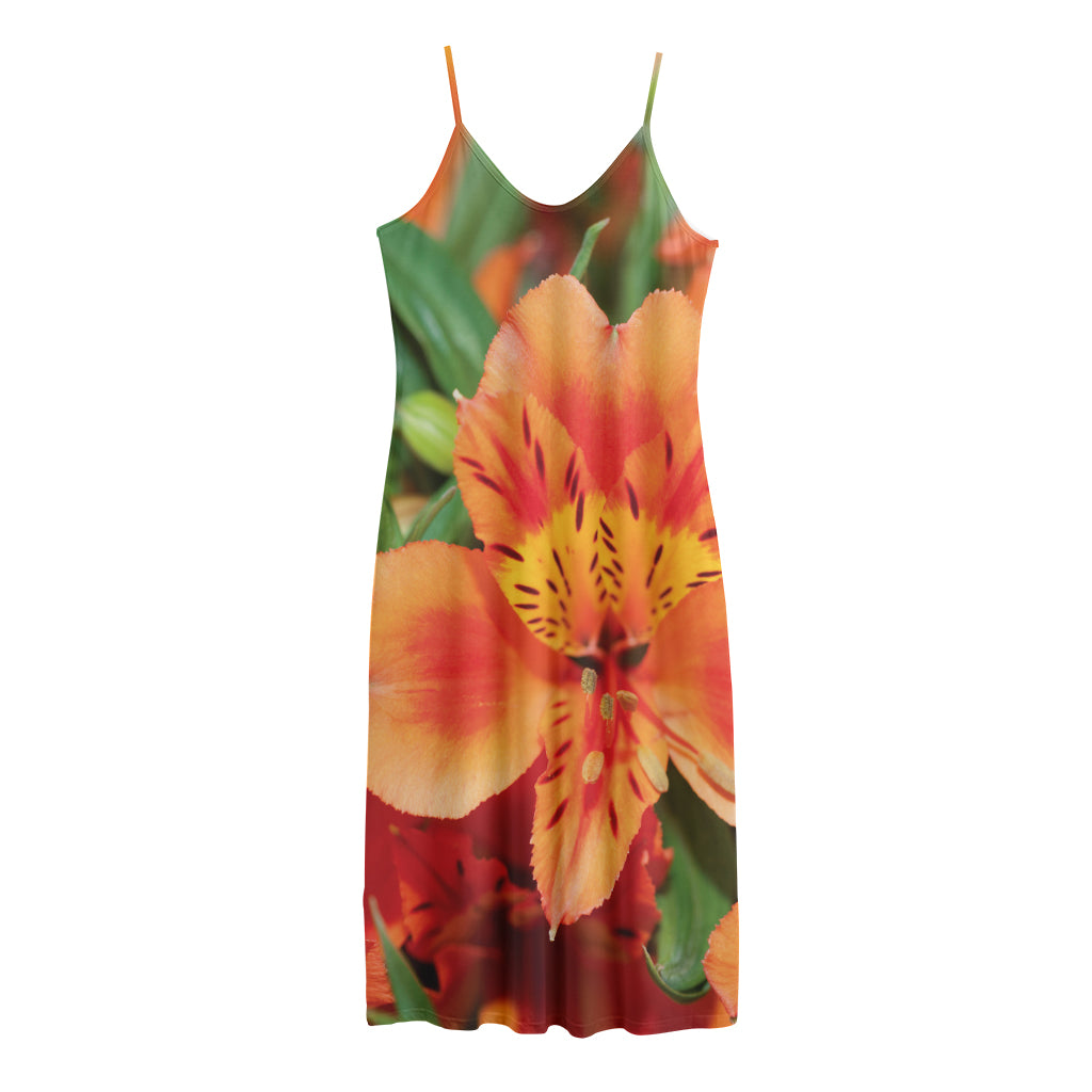 Orange Alstroemeria Print Jersey Midi Cami Dress