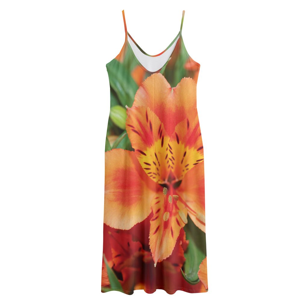 Orange Alstroemeria Print Jersey Midi Cami Dress