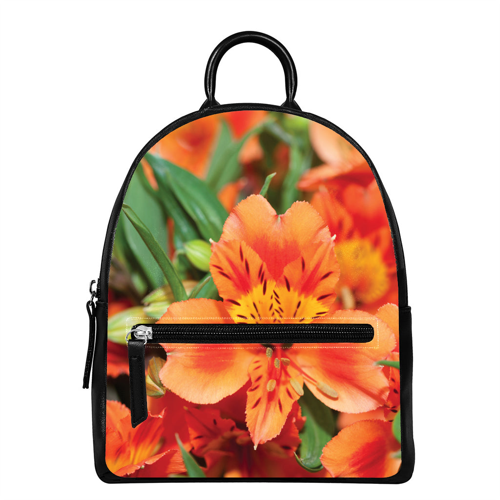 Orange Alstroemeria Print Leather Backpack