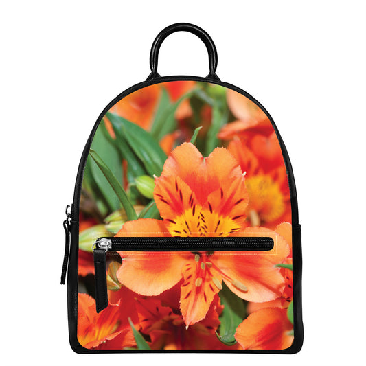 Orange Alstroemeria Print Leather Backpack