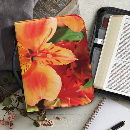 Orange Alstroemeria Print Leather Bible Cover
