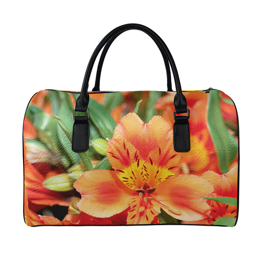 Orange Alstroemeria Print Leather Duffle Bag