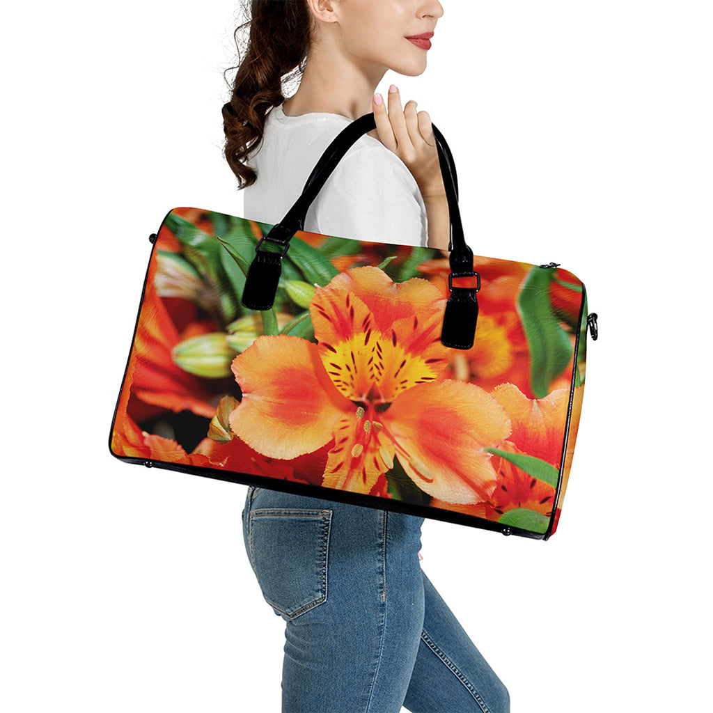 Orange Alstroemeria Print Leather Duffle Bag