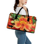 Orange Alstroemeria Print Leather Duffle Bag