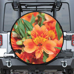 Orange Alstroemeria Print Leather Spare Tire Cover