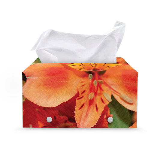 Orange Alstroemeria Print Leather Tissue Box Cover