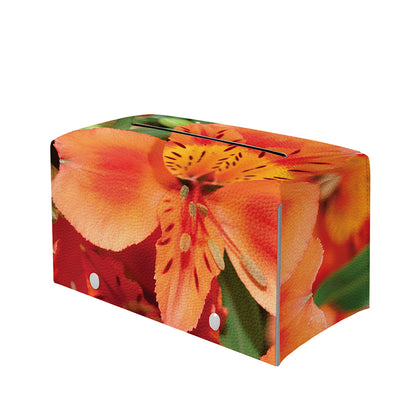 Orange Alstroemeria Print Leather Tissue Box Cover