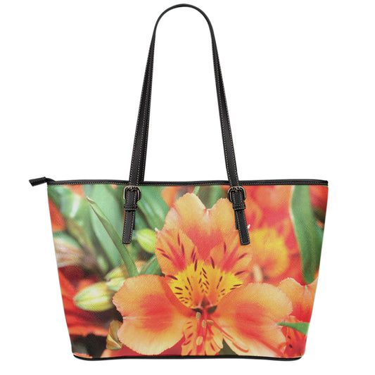 Orange Alstroemeria Print Leather Tote Bag