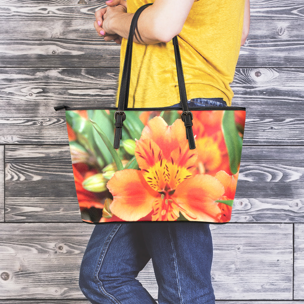 Orange Alstroemeria Print Leather Tote Bag